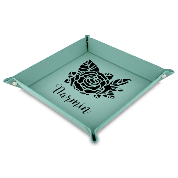 Custom Watercolor Peonies Faux Leather Dice Tray - 9" x 9"  - Teal