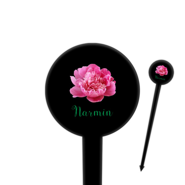 Custom Watercolor Peonies 4" Round Plastic Food Picks - Black - Double Sided (Personalized)