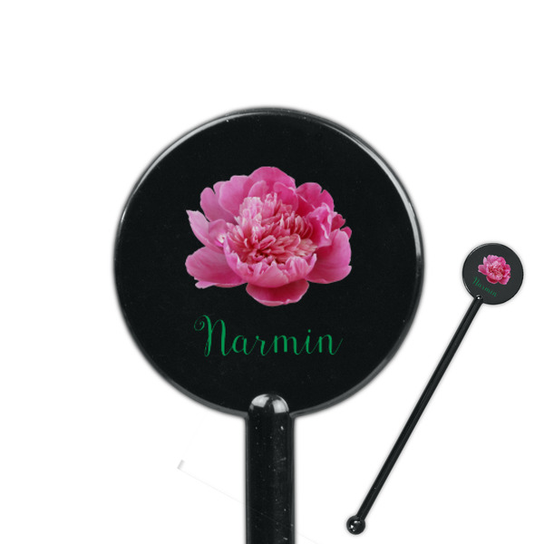 Custom Watercolor Peonies 5.5" Round Plastic Stir Sticks - Black - Double Sided (Personalized)