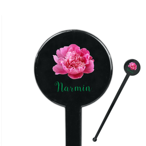 Custom Watercolor Peonies 7" Round Plastic Stir Sticks - Black - Double Sided (Personalized)