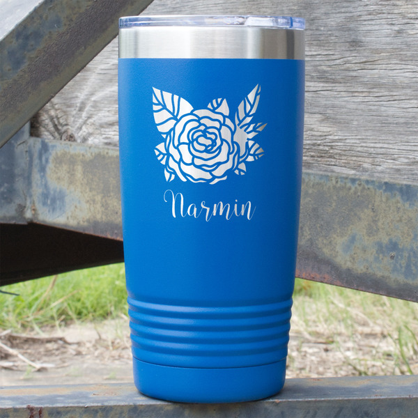 Custom Watercolor Peonies 20 oz Stainless Steel Tumbler - Royal Blue - Double Sided (Personalized)