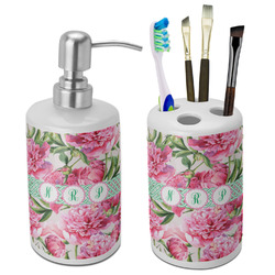 Watercolor Peonies Ceramic Bathroom Accessories Set (Personalized)