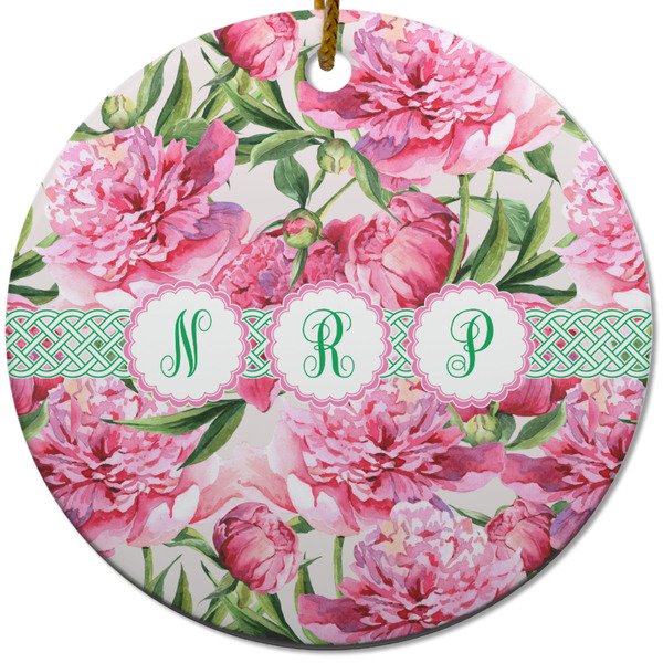 Custom Watercolor Peonies Round Ceramic Ornament w/ Multiple Names