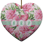 Watercolor Peonies Heart Ceramic Ornament w/ Multiple Names