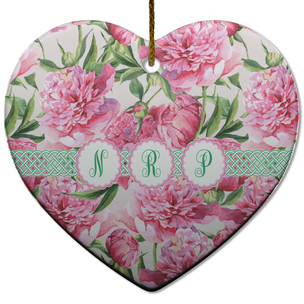 Custom Watercolor Peonies Heart Ceramic Ornament w/ Multiple Names