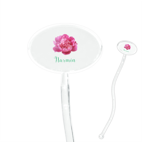 Custom Watercolor Peonies 7" Oval Plastic Stir Sticks - Clear (Personalized)