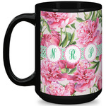 Watercolor Peonies 15 Oz Coffee Mug - Black (Personalized)