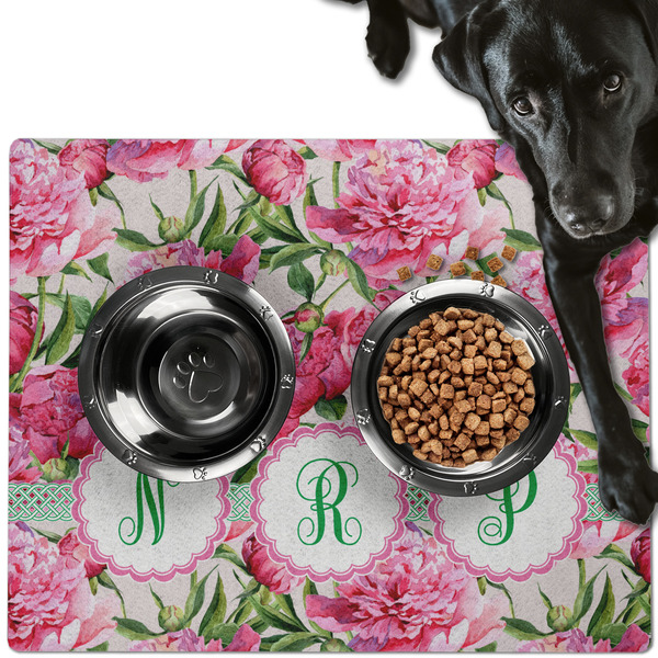 Custom Watercolor Peonies Dog Food Mat - Large w/ Multiple Names