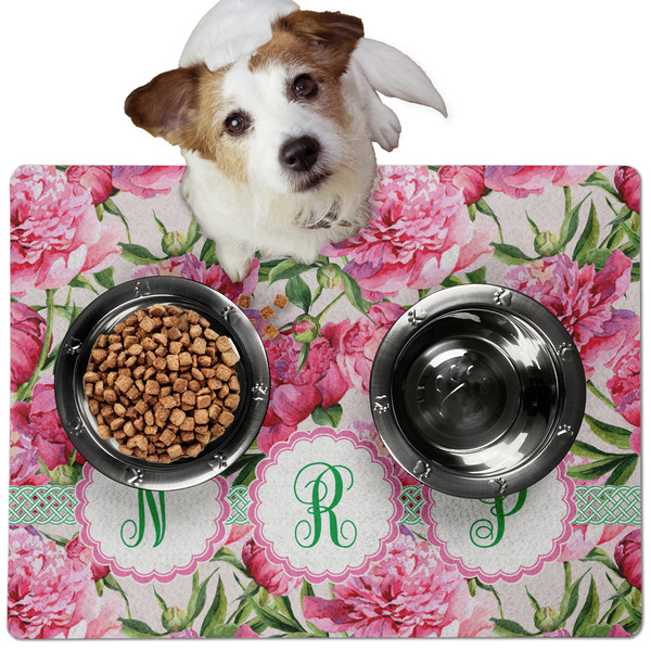 Custom Watercolor Peonies Dog Food Mat - Medium w/ Multiple Names