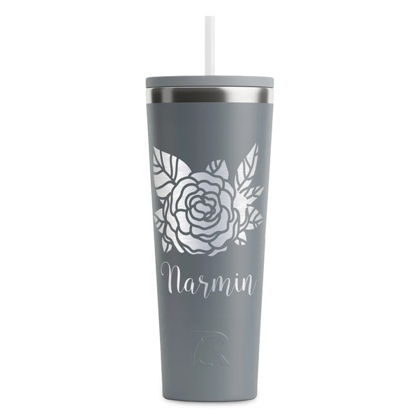 Custom Watercolor Peonies RTIC Everyday Tumbler with Straw - 28oz - Grey - Double-Sided (Personalized)