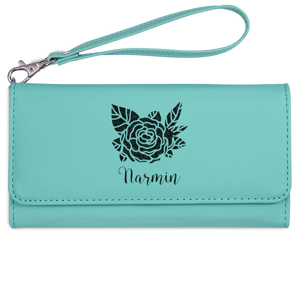 Custom Watercolor Peonies Ladies Leatherette Wallet - Laser Engraved- Teal (Personalized)