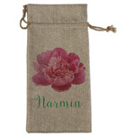 Watercolor Peonies Large Burlap Gift Bag - Front (Personalized)