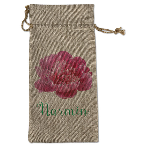 Custom Watercolor Peonies Large Burlap Gift Bag - Front (Personalized)