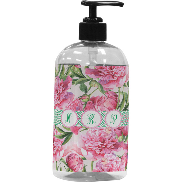 Custom Watercolor Peonies Plastic Soap / Lotion Dispenser (16 oz - Large - Black) (Personalized)