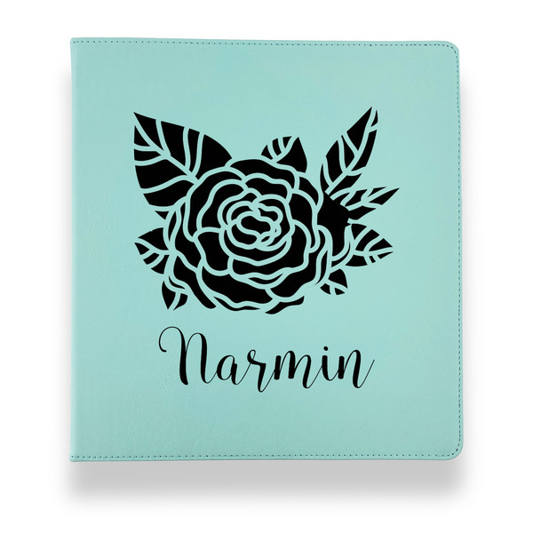 Custom Watercolor Peonies Leather Binder - 1" - Teal (Personalized)