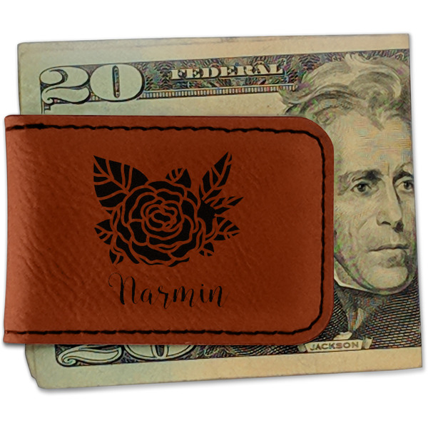 Custom Watercolor Peonies Leatherette Magnetic Money Clip - Single Sided (Personalized)