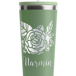 Watercolor Peonies RTIC Everyday Tumbler with Straw - 28oz - Light Green - Double-Sided (Personalized)