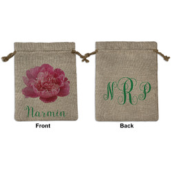 Watercolor Peonies Medium Burlap Gift Bag - Front & Back (Personalized)