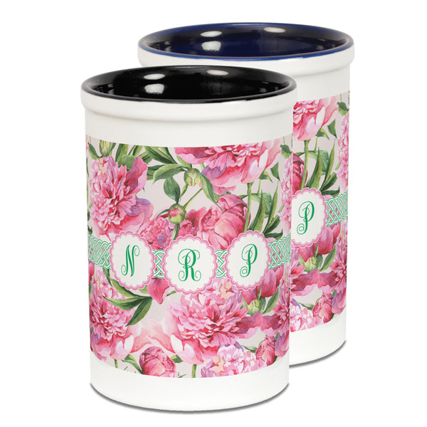 Custom Watercolor Peonies Ceramic Pencil Holder - Large