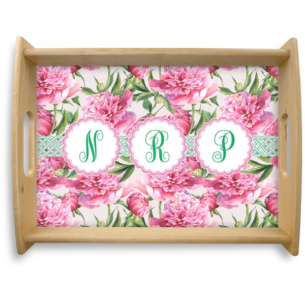 Custom Watercolor Peonies Natural Wooden Tray - Large (Personalized)