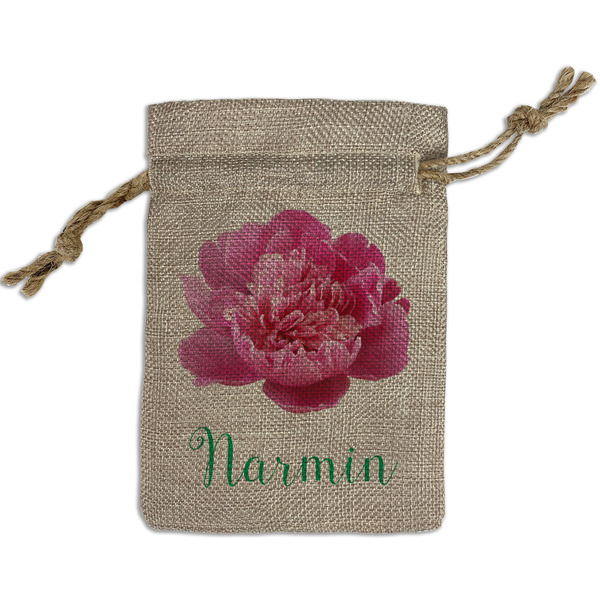 Custom Watercolor Peonies Small Burlap Gift Bag - Front (Personalized)