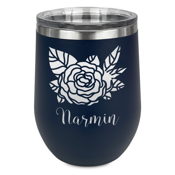 Custom Watercolor Peonies Stemless Stainless Steel Wine Tumbler - Navy - Double Sided (Personalized)