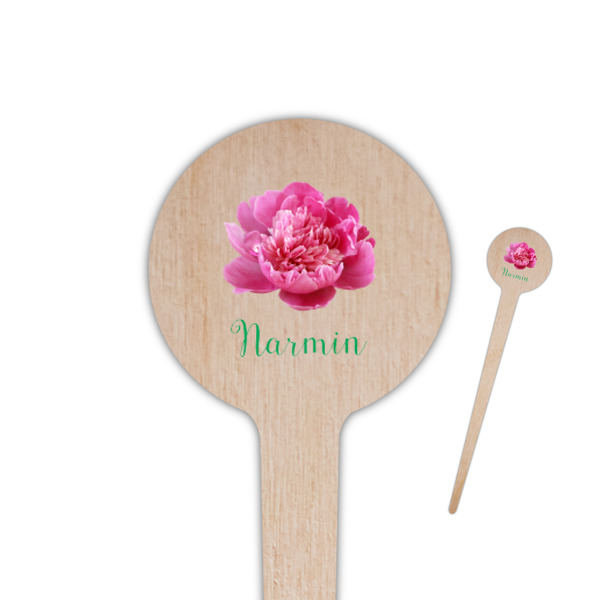 Custom Watercolor Peonies 4" Round Wooden Food Picks - Single Sided (Personalized)