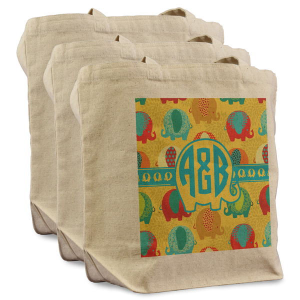 Custom Cute Elephants Reusable Cotton Grocery Bags - Set of 3 (Personalized)