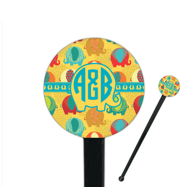 Custom Cute Elephants 7" Round Plastic Stir Sticks - Black - Double Sided (Personalized)