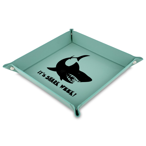 Custom Sharks Faux Leather Dice Tray - 9" x 9"  - Teal (Personalized)