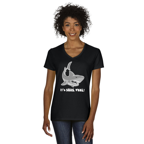 Custom Sharks Women's V-Neck T-Shirt - Black - 2XL (Personalized)