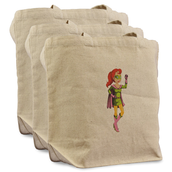 Custom Woman Superhero Reusable Cotton Grocery Bags - Set of 3