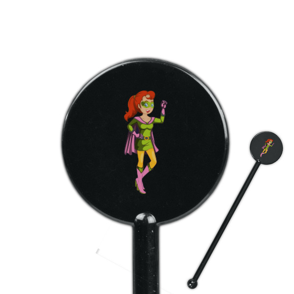 Custom Woman Superhero 5.5" Round Plastic Stir Sticks - Black - Double Sided