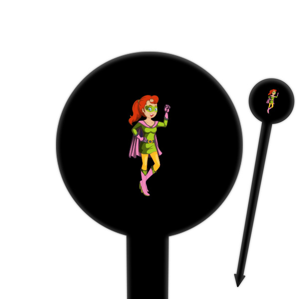 Custom Woman Superhero 6" Round Plastic Food Picks - Black - Double Sided