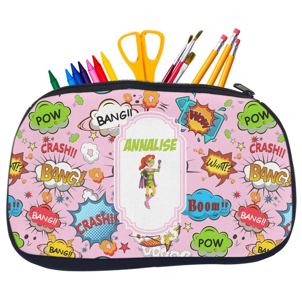 Custom Woman Superhero Neoprene Pencil Case - Medium w/ Name or Text