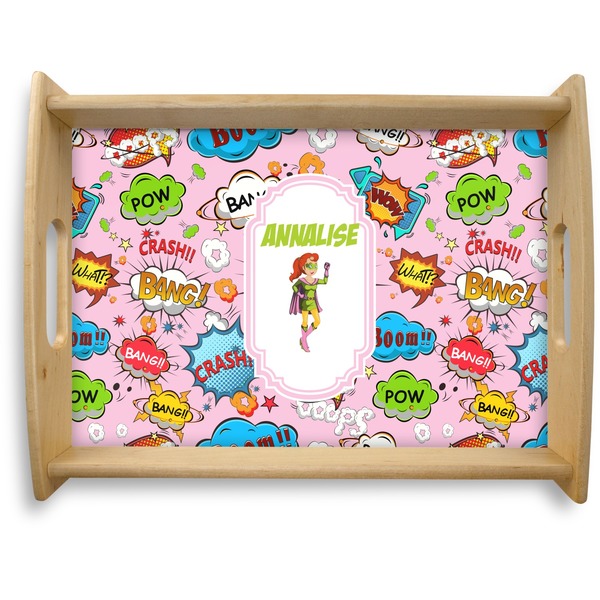 Custom Woman Superhero Natural Wooden Tray - Large (Personalized)