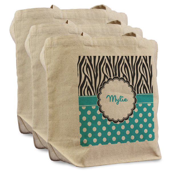 Custom Dots & Zebra Reusable Cotton Grocery Bags - Set of 3 (Personalized)