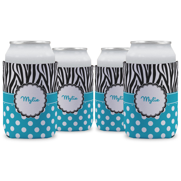 Custom Dots & Zebra Can Cooler (12 oz) - Set of 4 w/ Name or Text