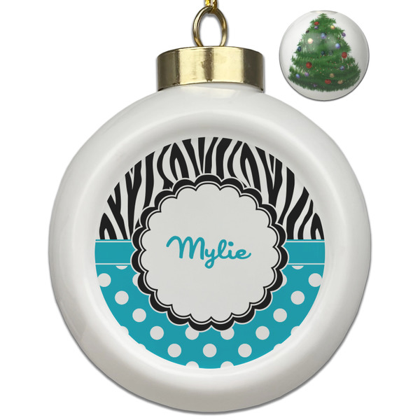 Custom Dots & Zebra Ceramic Ball Ornament - Christmas Tree (Personalized)