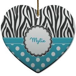 Dots & Zebra Heart Ceramic Ornament w/ Name or Text