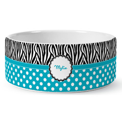 Dots & Zebra Ceramic Dog Bowl - Large (Personalized)