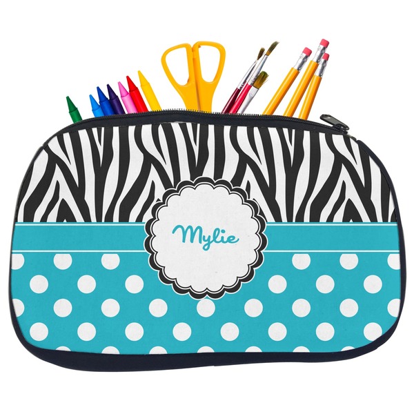 Custom Dots & Zebra Neoprene Pencil Case - Medium w/ Name or Text