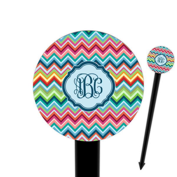 Custom Retro Chevron Monogram 6" Round Plastic Food Picks - Black - Single Sided