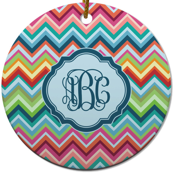 Custom Retro Chevron Monogram Round Ceramic Ornament