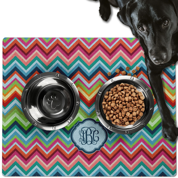 Custom Retro Chevron Monogram Dog Food Mat - Large