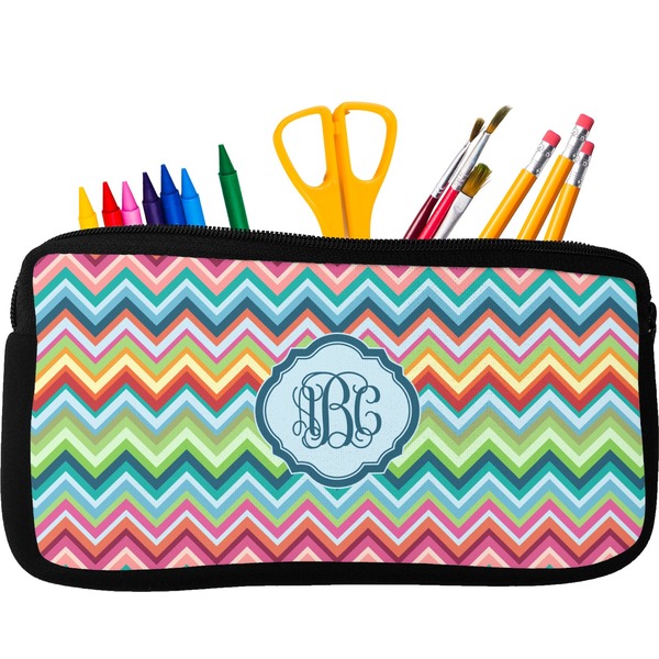 Custom Retro Chevron Monogram Neoprene Pencil Case - Small