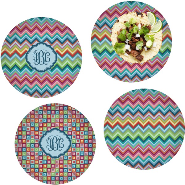 Custom Retro Chevron Monogram Set of 4 Glass Lunch / Dinner Plate 10" (Personalized)