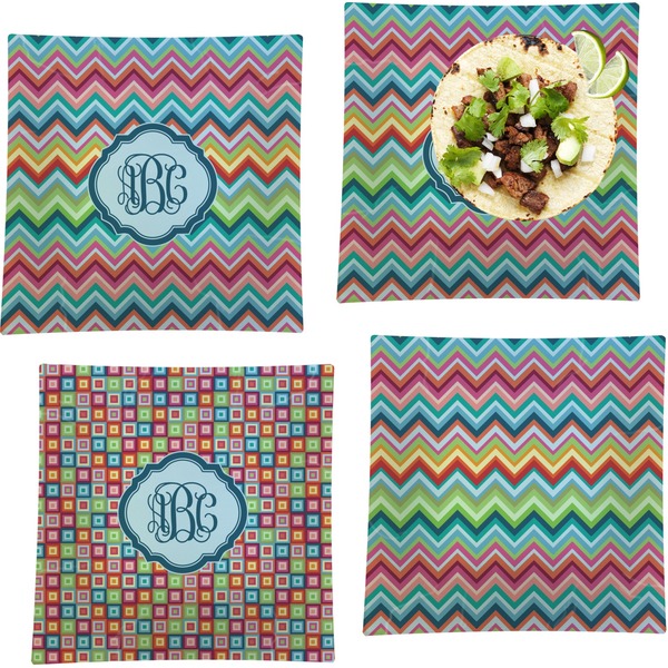 Custom Retro Chevron Monogram Set of 4 Glass Square Lunch / Dinner Plate 9.5" (Personalized)