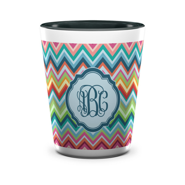 Custom Retro Chevron Monogram Ceramic Shot Glass - 1.5 oz - Two Tone - Set of 4