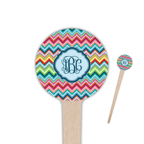 Custom Retro Chevron Monogram 4" Round Wooden Food Picks - Single Sided